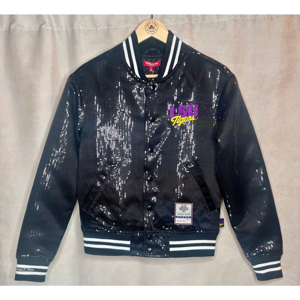 Mitchell & Ness LSU Tigers Sequin Bomber Jacket Black Snap Front S